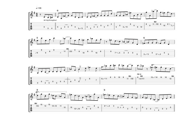 Where possible, allow notes to ring on so they bleed into each other; in bar 1, beat 2, hammer-on to the fifth fret but use the tip of your finger so the note rings on while you play the open G on the third string. Also, pay particular attention to the many position shifts used from bar 9 onwards; great use is made of open strings, which in many cases will buy just enough time to move the hand seamlessly to the next position.